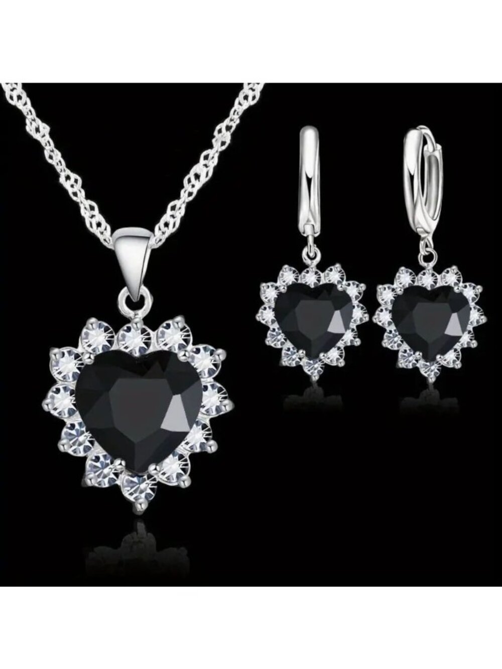 Heart-Shaped Black & Clear Crystal Pendant Necklace & Earrings Set Silver Tone